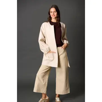 Cream Faux Leather Billowy Sleeve Jacket