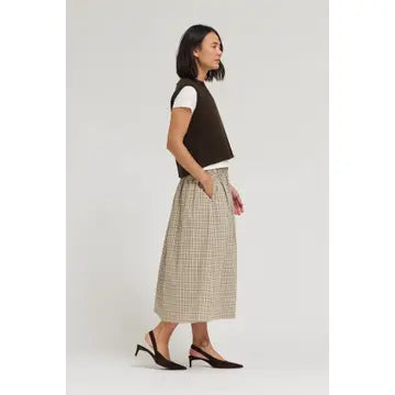 Plaid Cream Smocked Midi Skirt