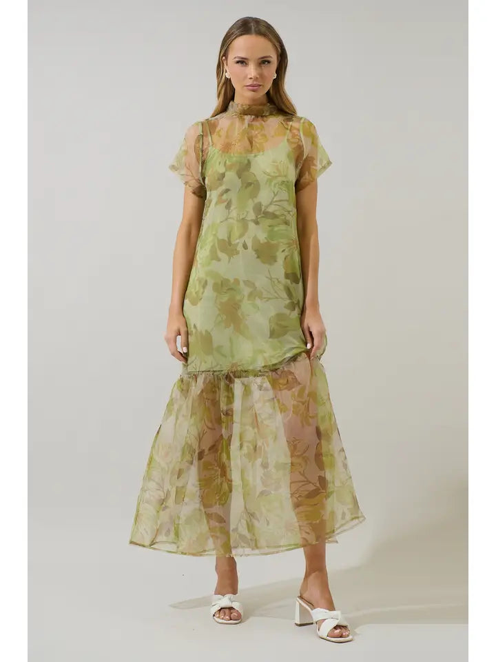 Floral Organza Maxi Dress Green