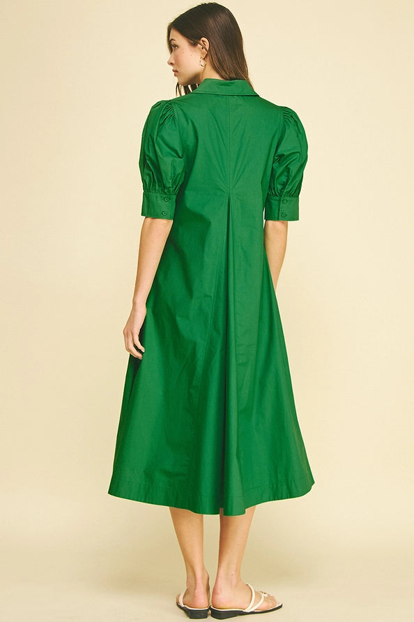 Hunter Green V-Neck Pleated Dress