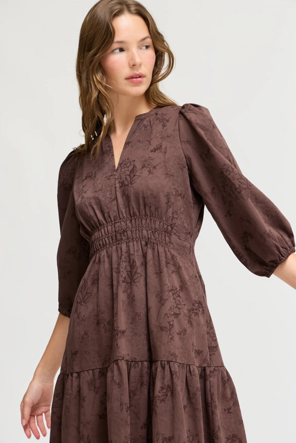Deep Bark 3/4 Sleeve Printed Midi Dress