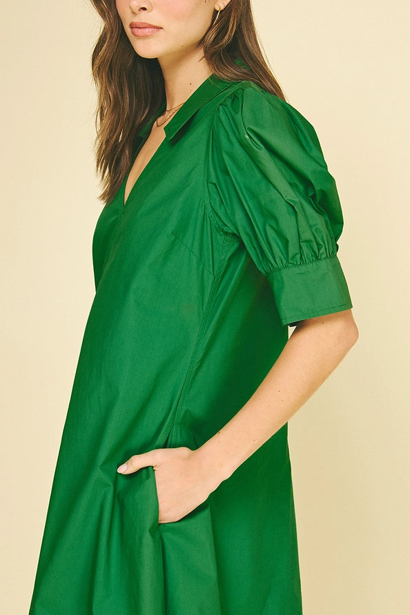 Hunter Green V-Neck Pleated Dress