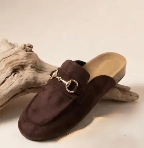 Suede Horse Bit Moccasin Loafer Mule Chocolate